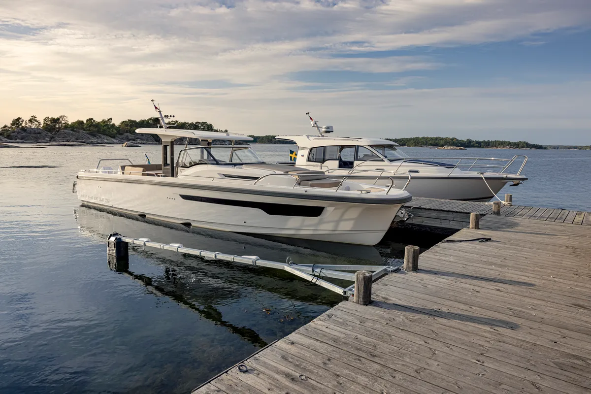 Exterior view of Ruddy, a Nimbus Tender T11 motorboat at Pirovac, Croatia