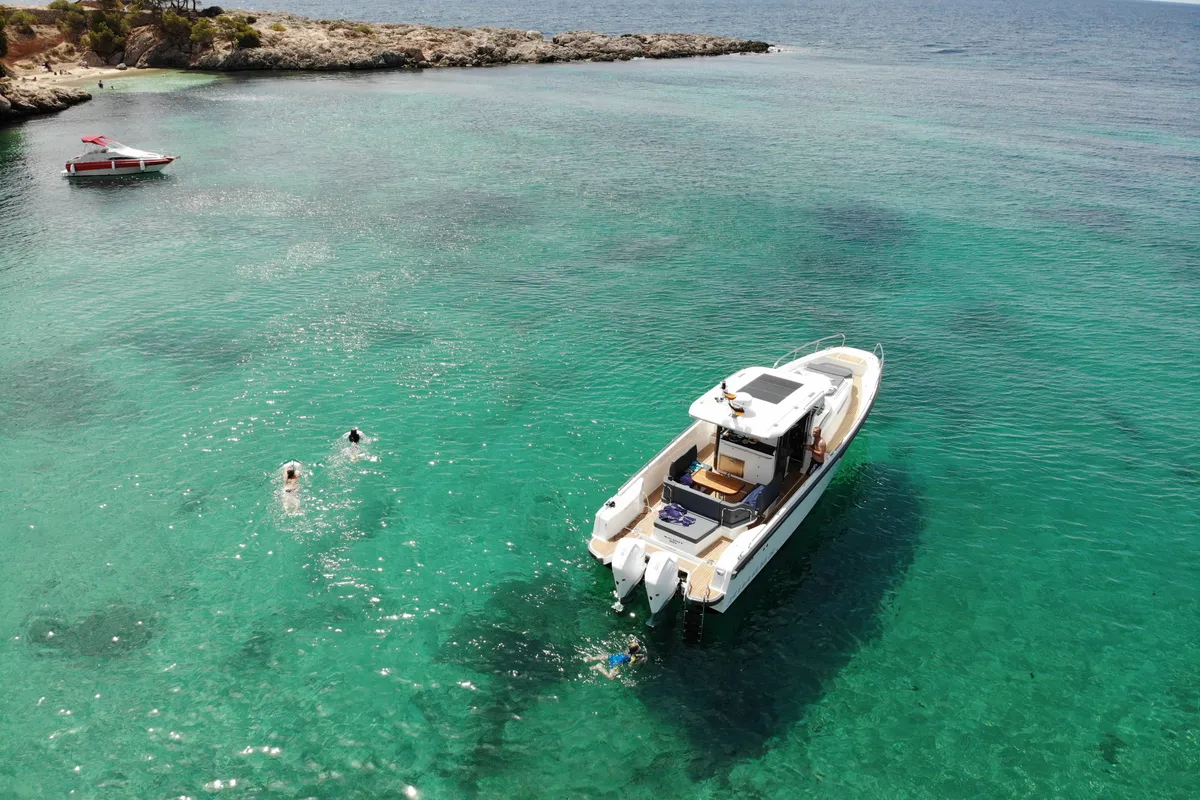 Exterior view of Ruddy, a Nimbus Tender T11 motorboat at Pirovac, Croatia