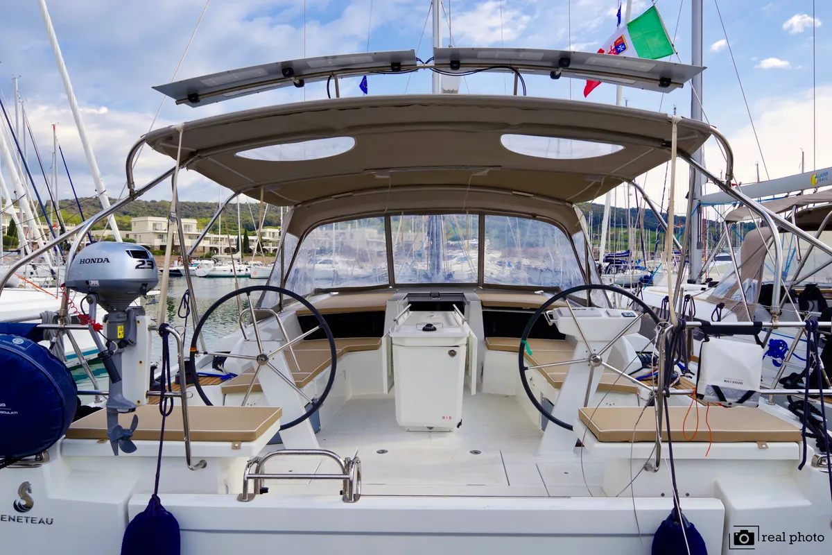 Cockpit of Emma, a Beneteau Oceanis 46.1 sailboat at Puntone di Scarlino, Italy