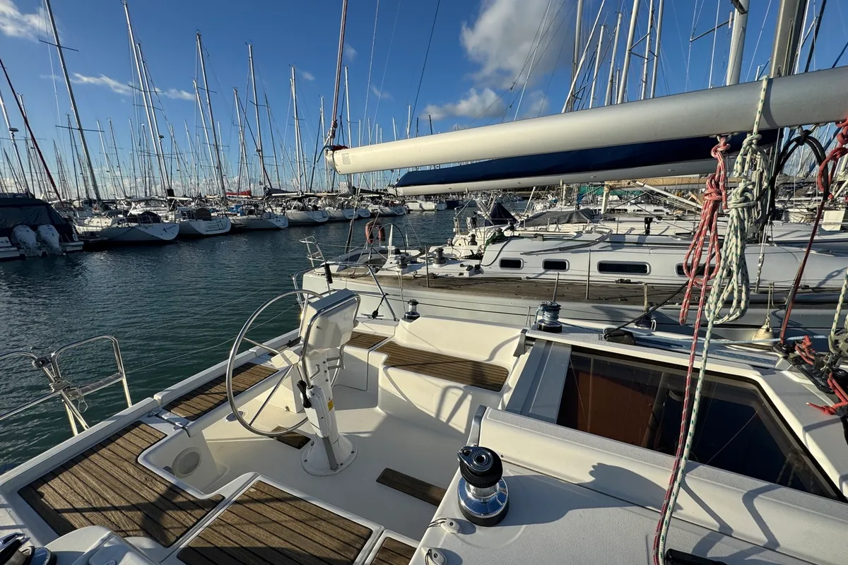 Deck of Tayrona, a Beneteau Oceanis 34 sailboat at La Rochelle, France