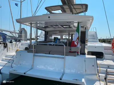 Deck of Moderna, a Bali 4.6 catamaran at Cannigione, Italy
