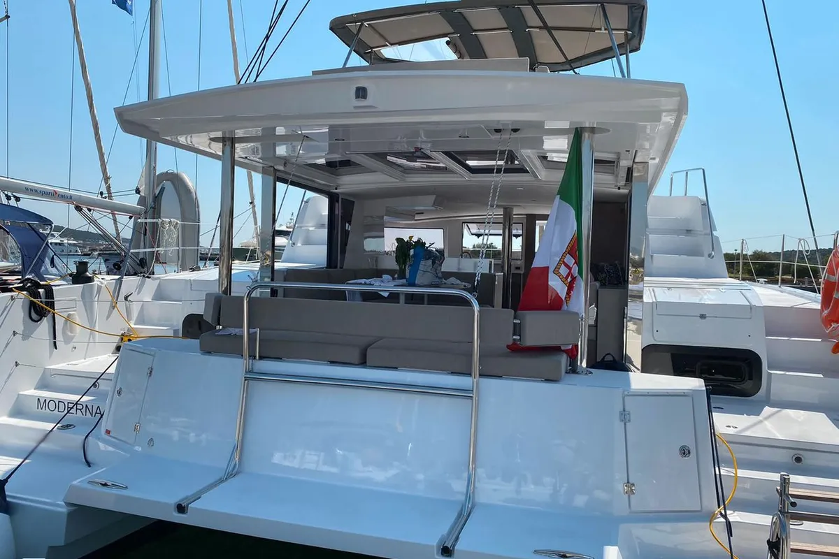 Deck of Moderna, a Bali 4.6 catamaran at Cannigione, Italy
