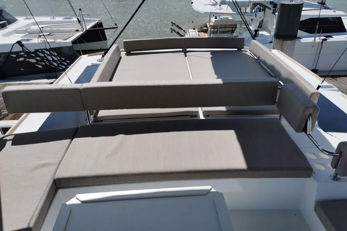 Deck of Moderna, a Bali 4.6 catamaran at Cannigione, Italy