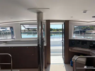 Salon of Moderna, a Bali 4.6 catamaran at Cannigione, Italy