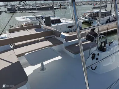 Cockpit of Moderna, a Bali 4.6 catamaran at Cannigione, Italy