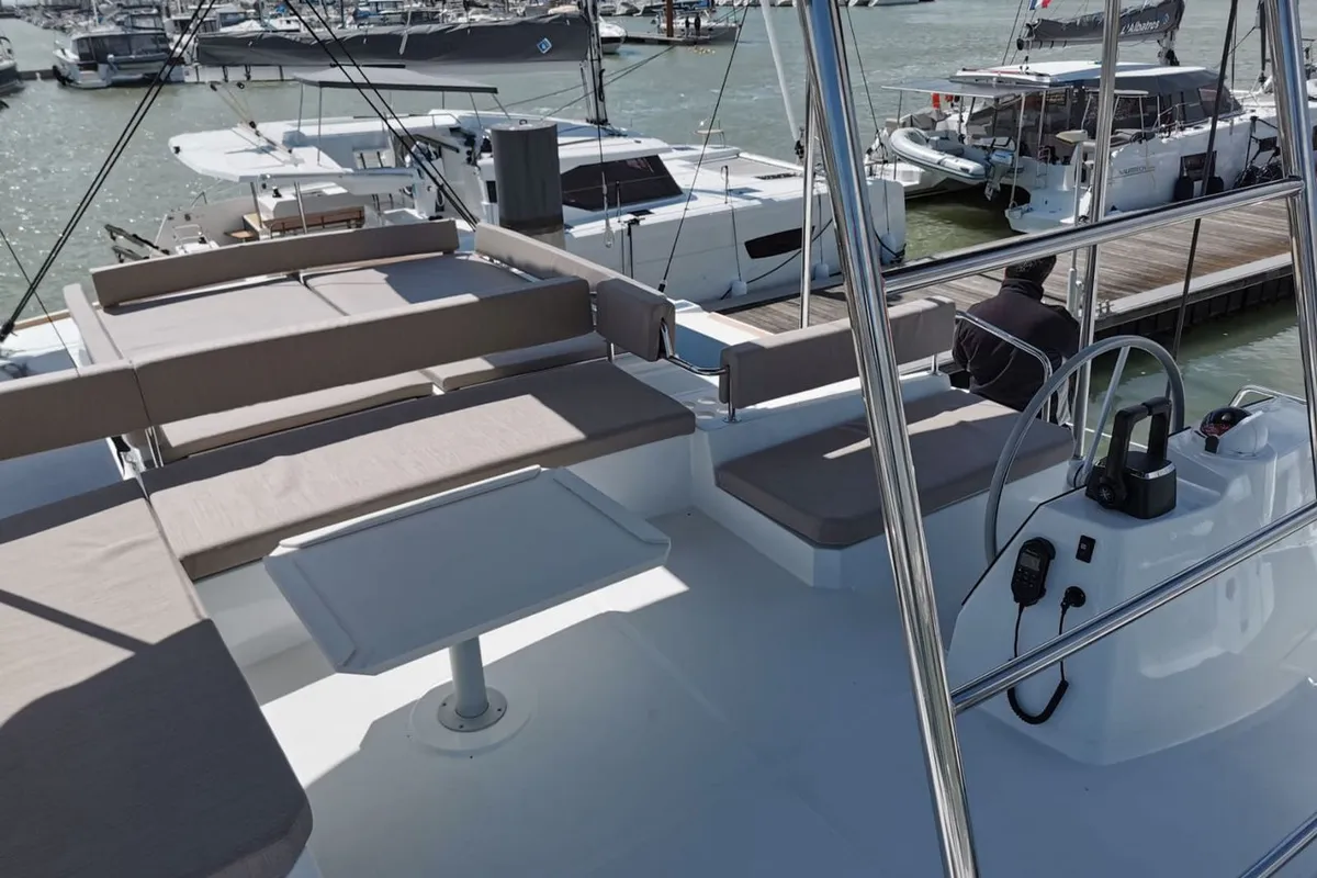 Cockpit of Moderna, a Bali 4.6 catamaran at Cannigione, Italy