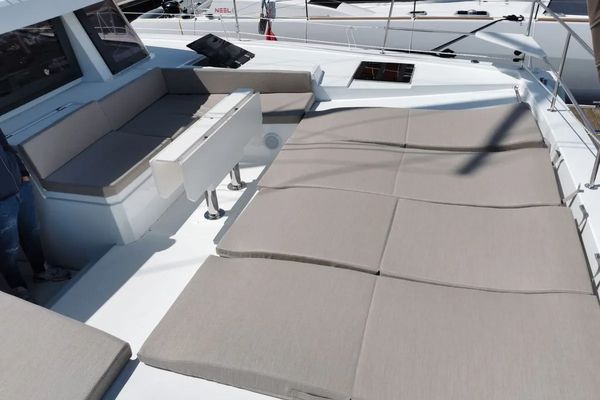 Deck of Moderna, a Bali 4.6 catamaran at Cannigione, Italy