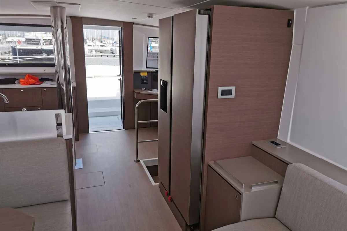 Salon of Moderna, a Bali 4.6 catamaran at Cannigione, Italy