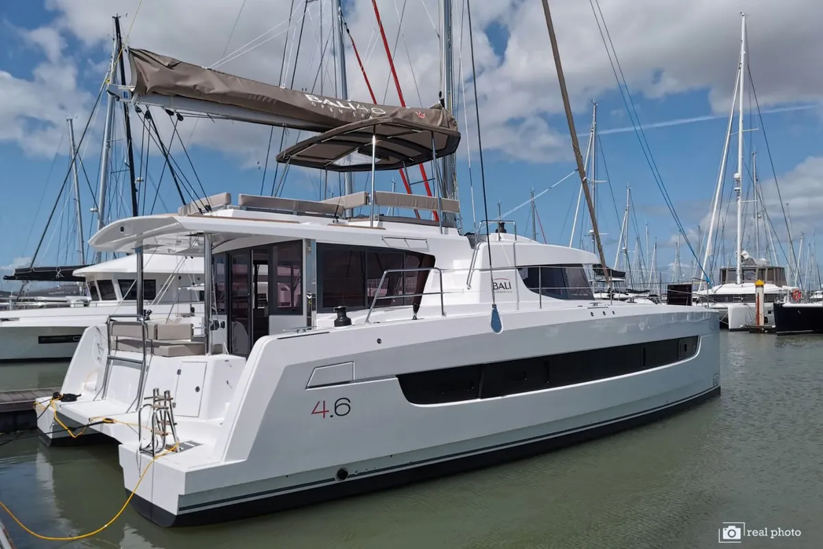 Exterior view of Moderna, a Bali 4.6 catamaran at Cannigione, Italy