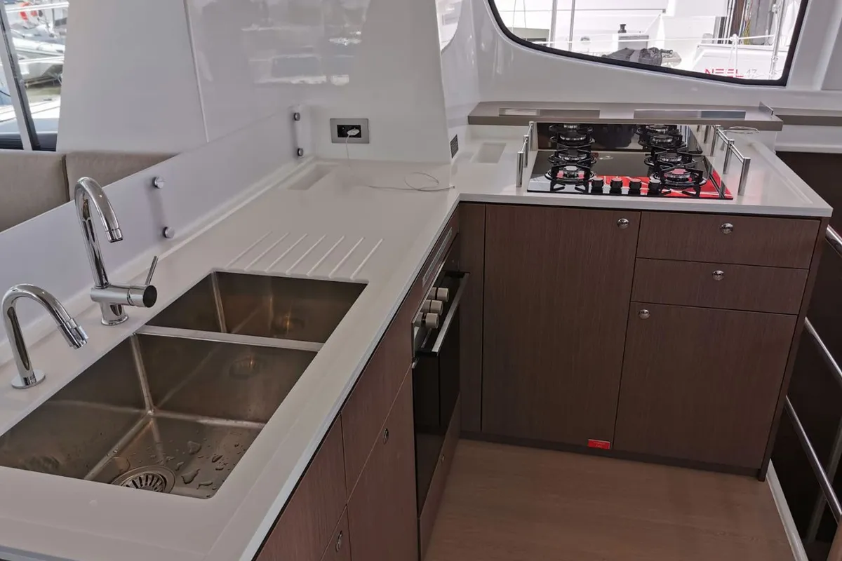 Galley of Moderna, a Bali 4.6 catamaran at Cannigione, Italy