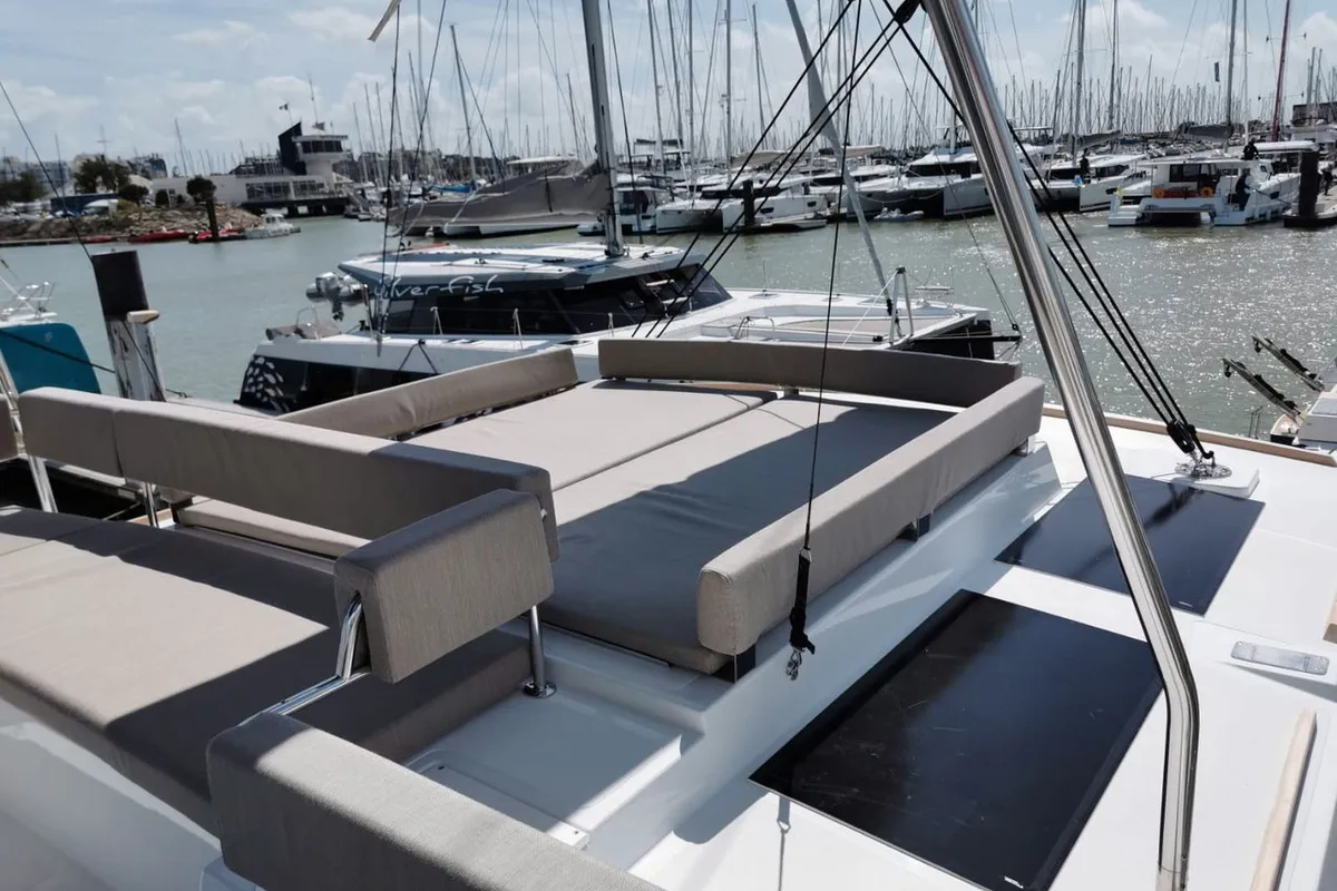 Deck of Moderna, a Bali 4.6 catamaran at Cannigione, Italy