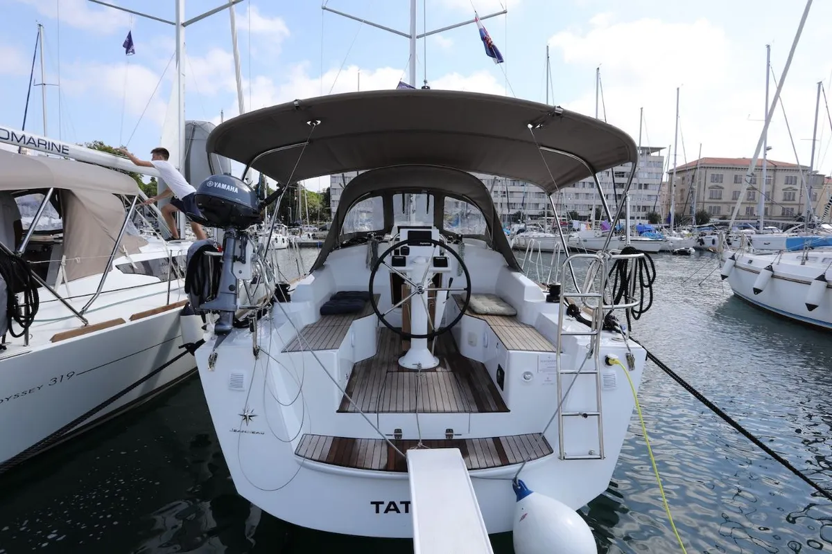 Cockpit of Tatjana, a Jeanneau Sun Odyssey 319 sailboat at Split, Croatia