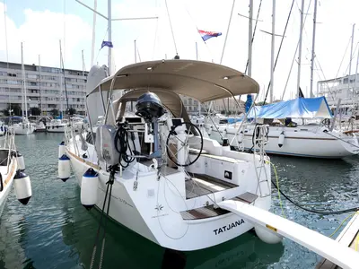 Cockpit of Tatjana, a Jeanneau Sun Odyssey 319 sailboat at Split, Croatia