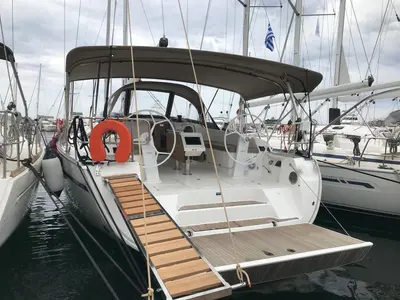 Cockpit of Sea Wonder, a Bavaria Cruiser 46 sailboat at Kontokali, Greece
