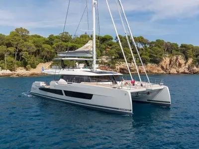 Sol Madinina, a Fountaine Pajot Thira 80 catamaran at Athens, Marina Delta Kallithea, Greece