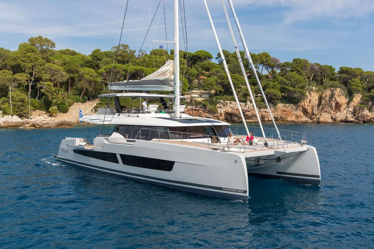 Sol Madinina, a Fountaine Pajot Thira 80 catamaran at Athens, Marina Delta Kallithea, Greece