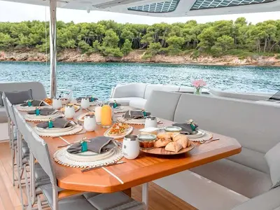 Sol Madinina, a Fountaine Pajot Thira 80 catamaran at Athens, Marina Delta Kallithea, Greece