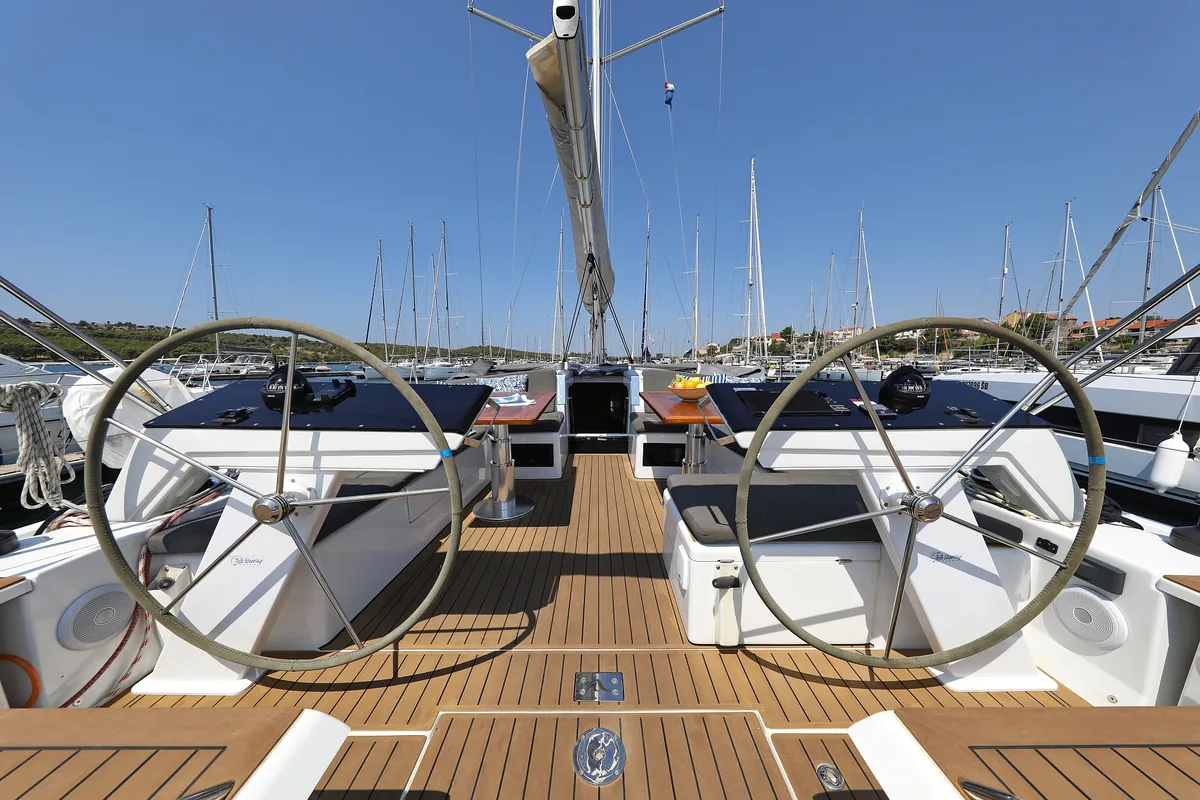 Cockpit of Salacia, a Hanse 460 sailboat at Grad Šibenik, Croatia