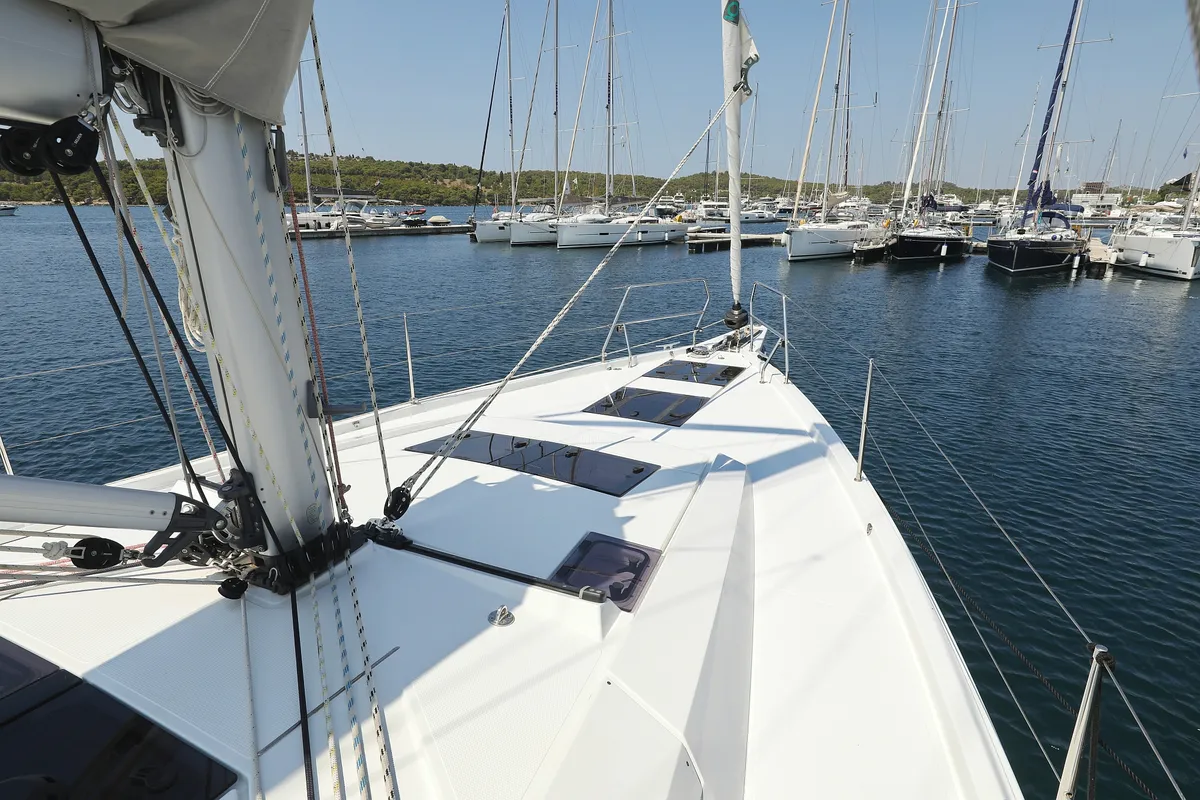 Deck of Salacia, a Hanse 460 sailboat at Grad Šibenik, Croatia