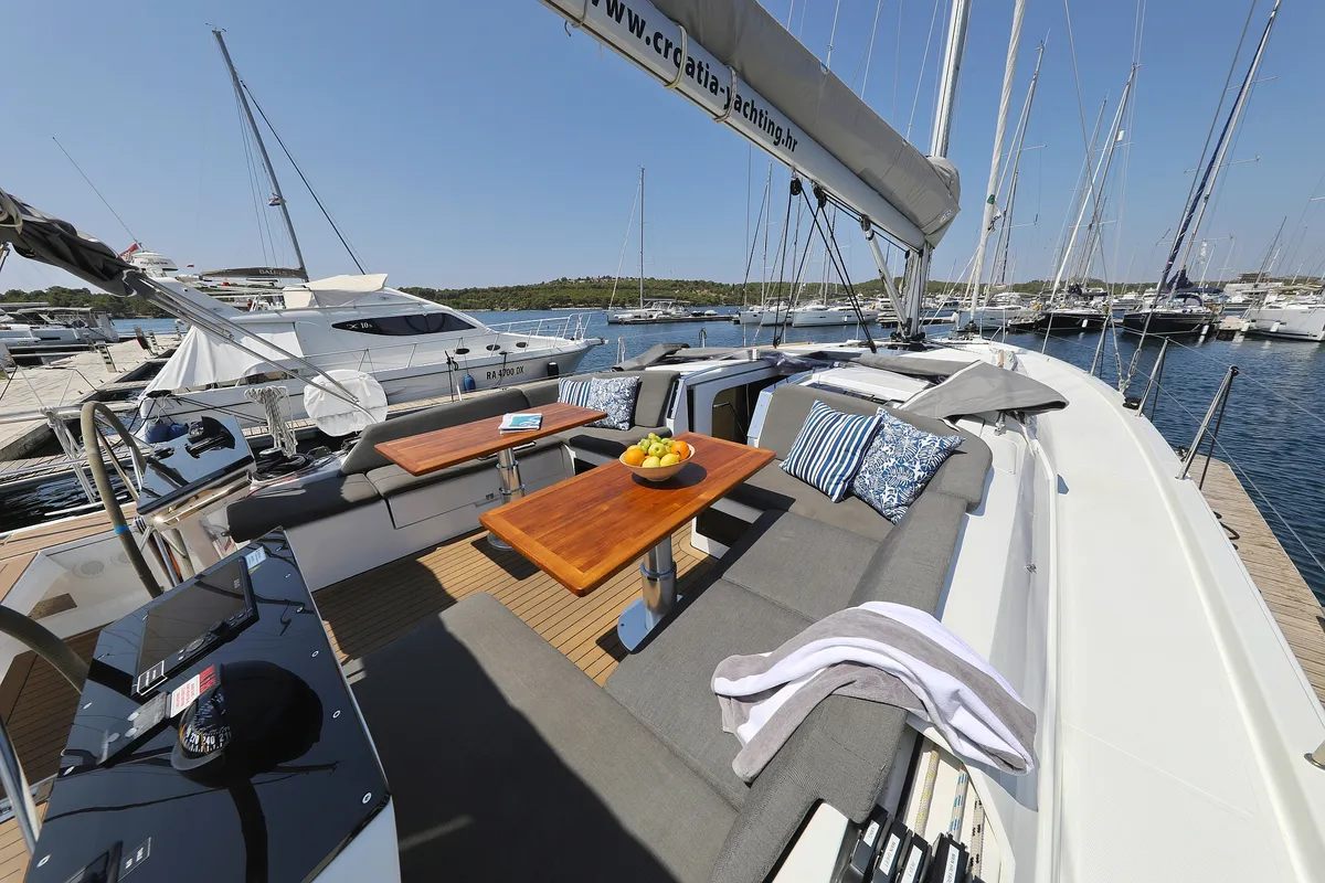 Deck of Salacia, a Hanse 460 sailboat at Grad Šibenik, Croatia