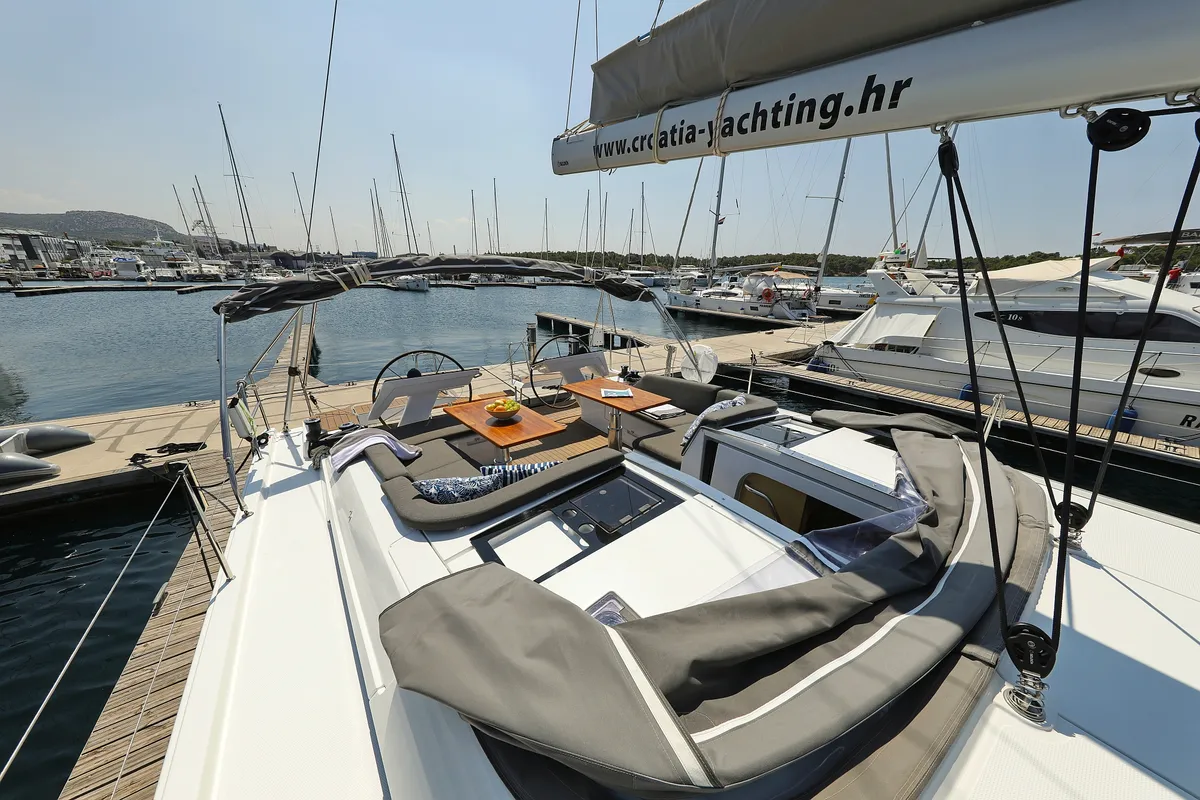 Deck of Salacia, a Hanse 460 sailboat at Grad Šibenik, Croatia