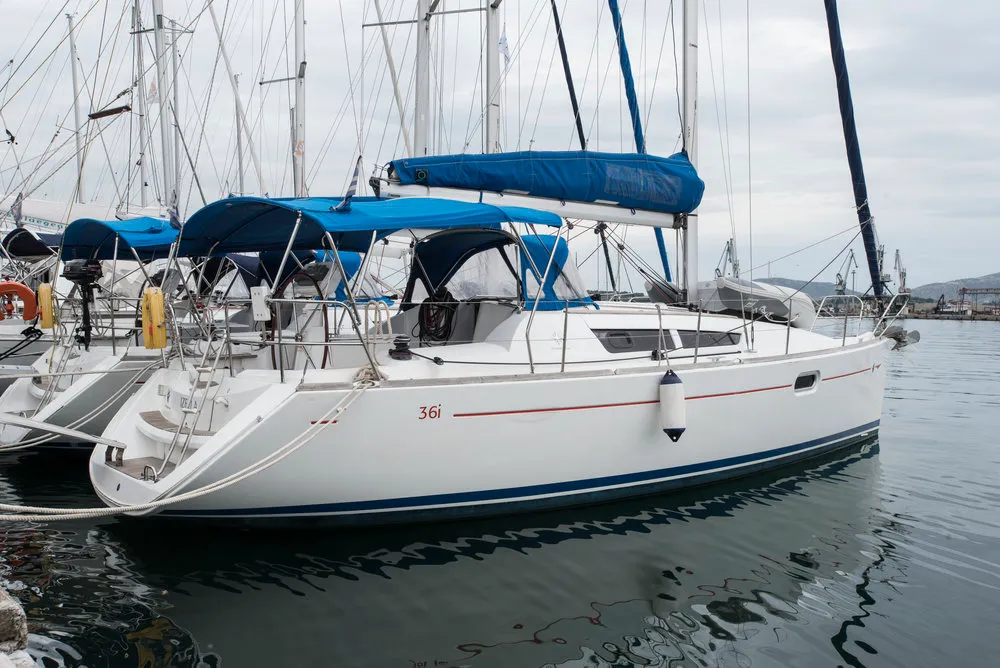 Exterior view of Izella, a Jeanneau Sun Odyssey 36i sailboat at Volos Municipality, Greece
