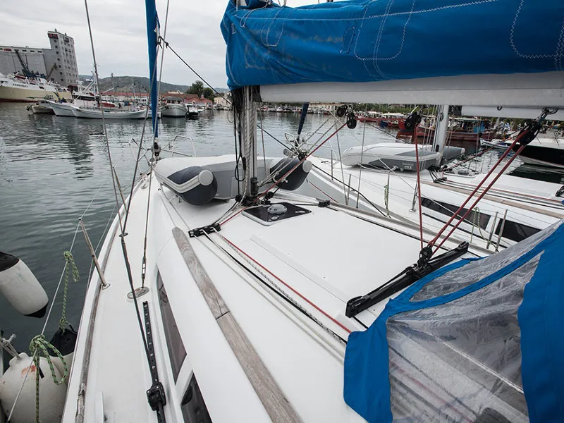 Deck of Izella, a Jeanneau Sun Odyssey 36i sailboat at Volos Municipality, Greece