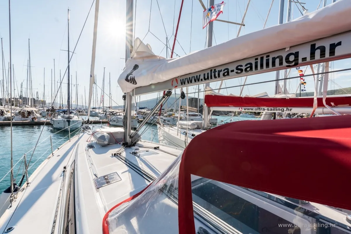 Exterior view of FLOU, a Beneteau Oceanis 48 sailboat at Split, Croatia