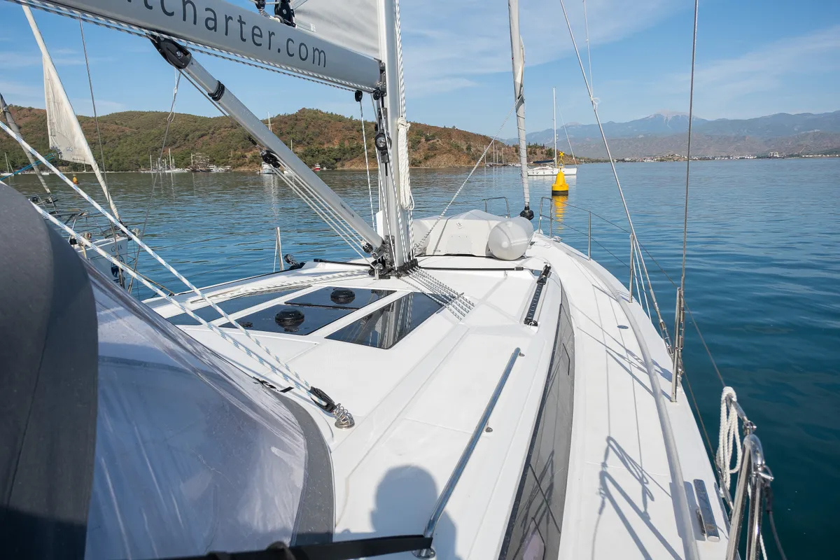 Deck of Iris, a Bavaria C46 sailboat at Fethiye, Turkey
