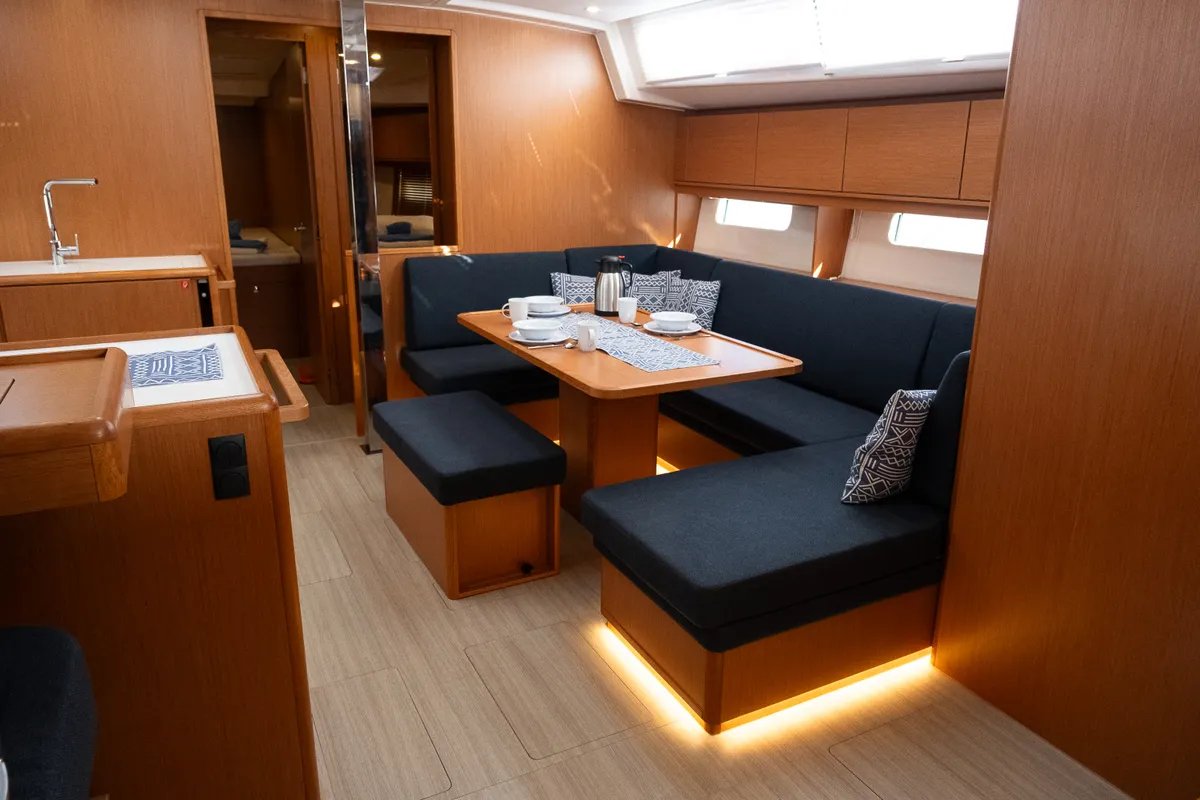 Salon of Iris, a Bavaria C46 sailboat at Fethiye, Turkey