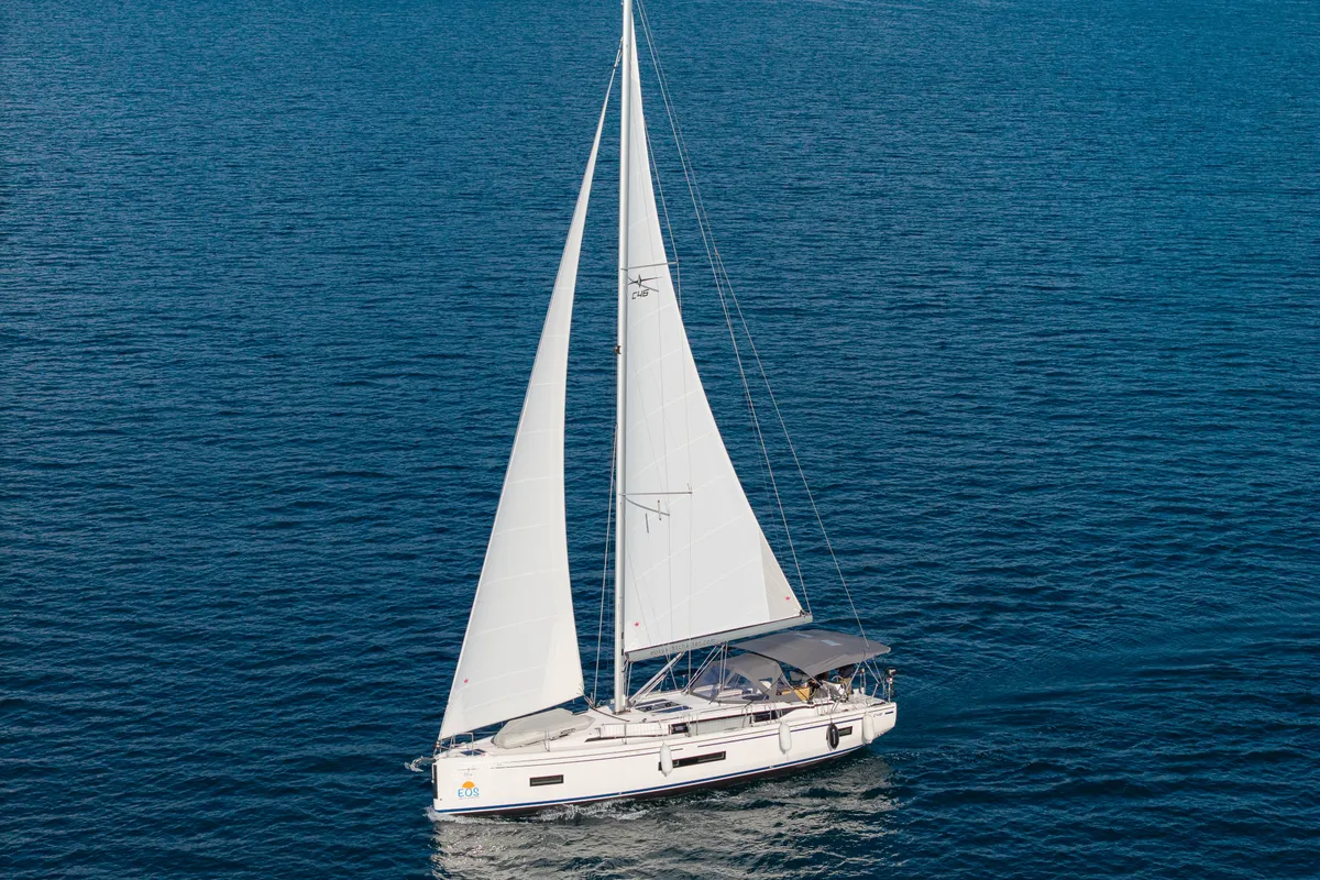 Exterior view of Iris, a Bavaria C46 sailboat at Fethiye, Turkey