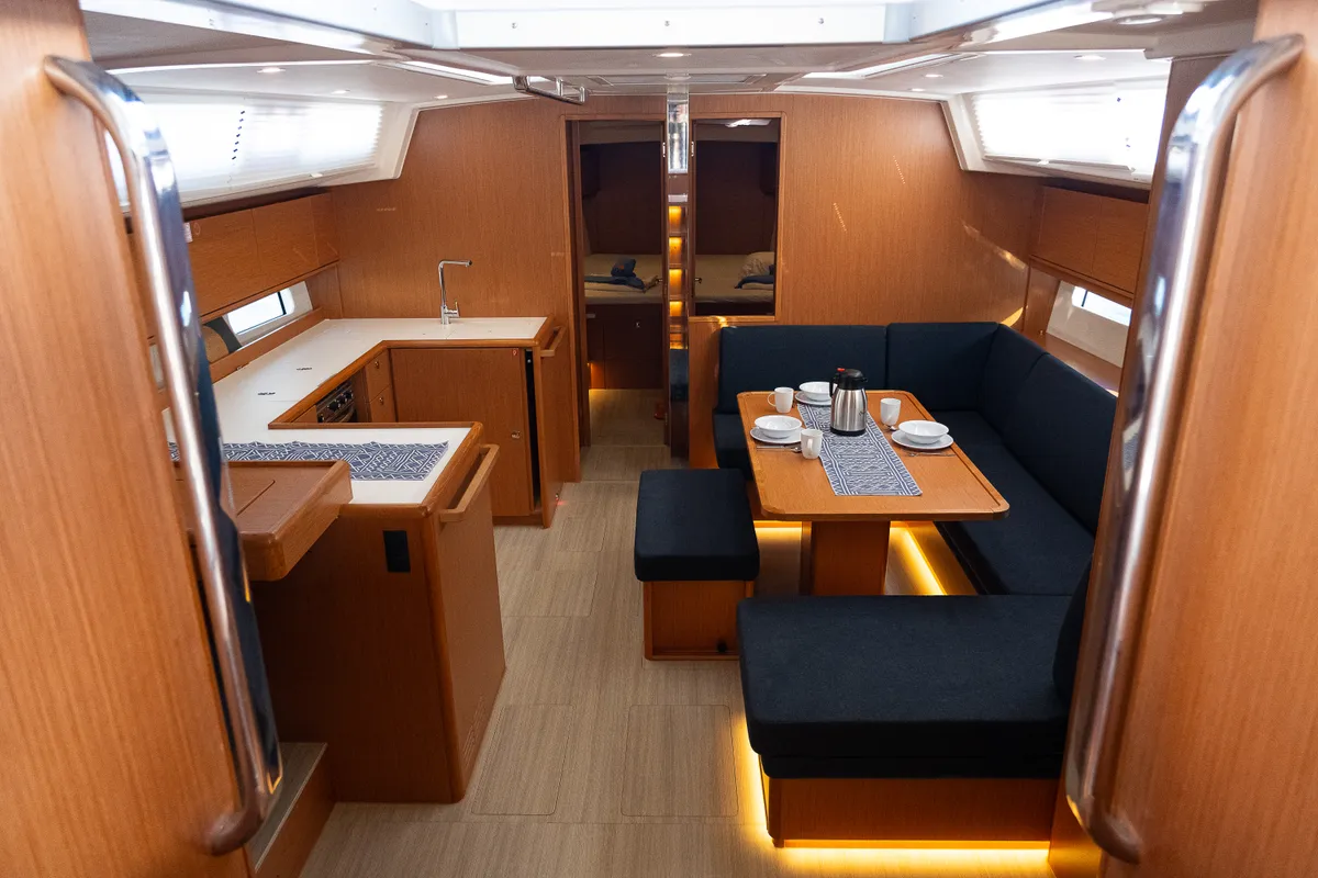 Salon of Iris, a Bavaria C46 sailboat at Fethiye, Turkey