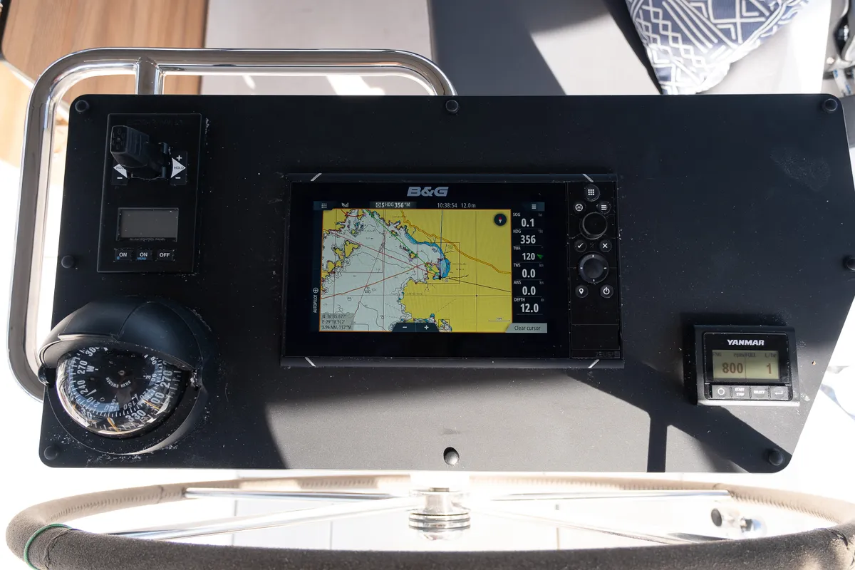Cockpit of Iris, a Bavaria C46 sailboat at Fethiye, Turkey