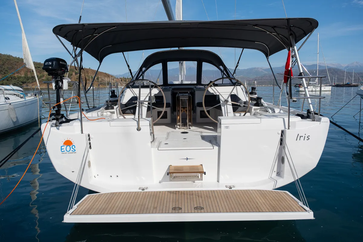 Exterior view of Iris, a Bavaria C46 sailboat at Fethiye, Turkey