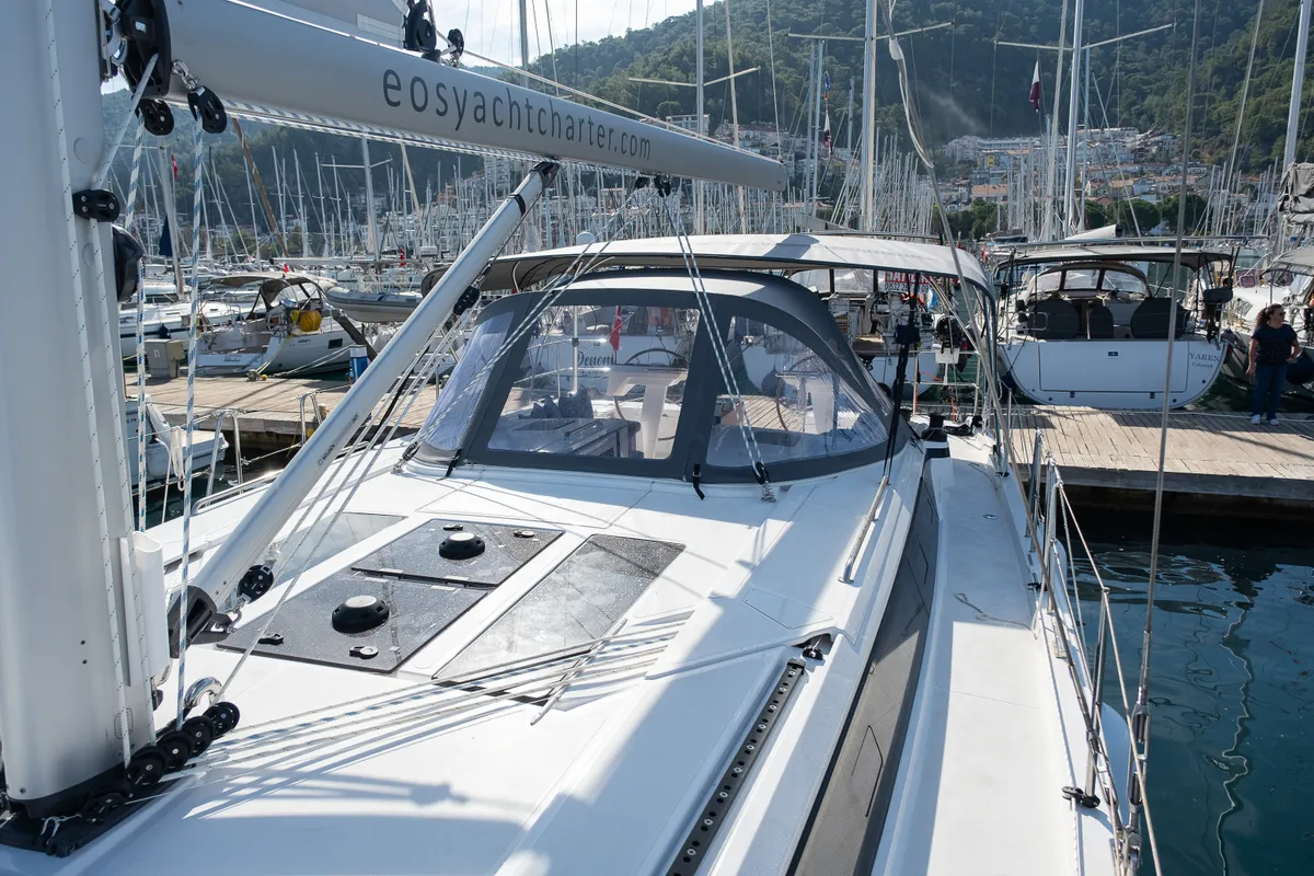 Deck of Iris, a Bavaria C46 sailboat at Fethiye, Turkey