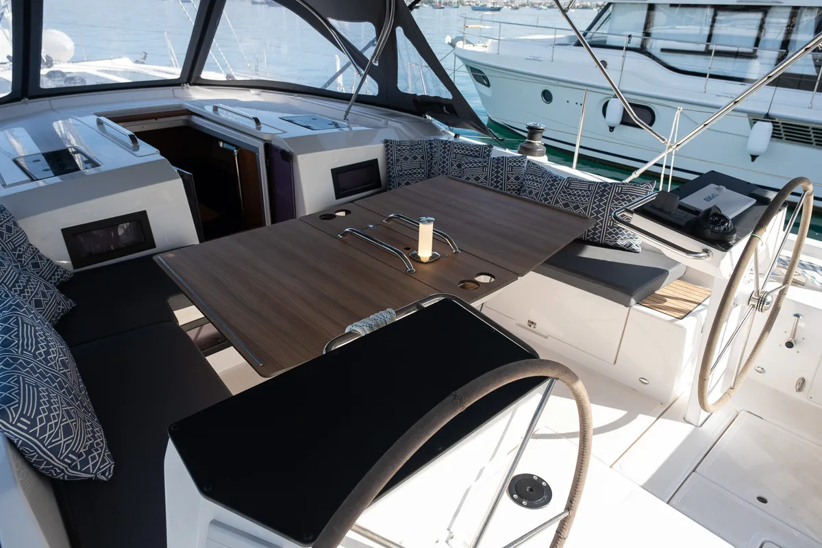 Deck of Iris, a Bavaria C46 sailboat at Fethiye, Turkey