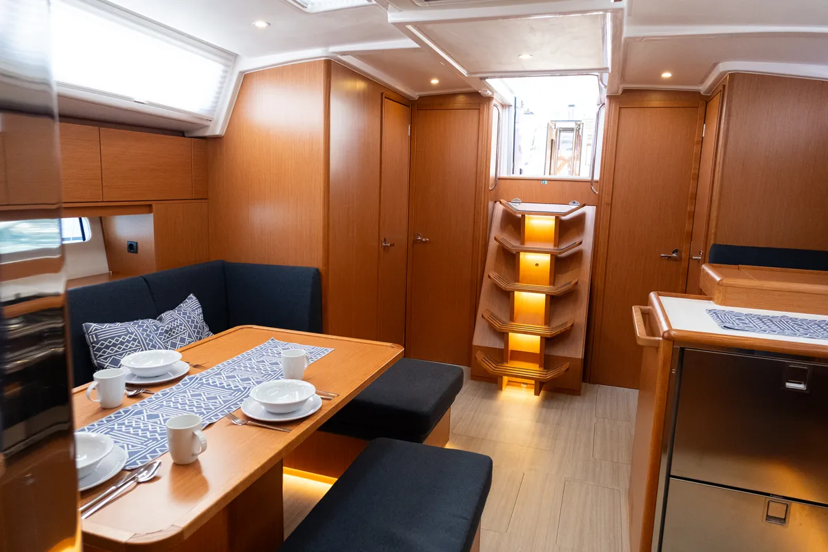 Salon of Iris, a Bavaria C46 sailboat at Fethiye, Turkey