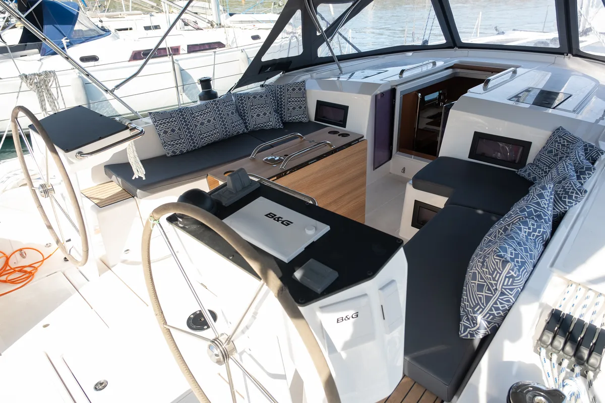 Cockpit of Iris, a Bavaria C46 sailboat at Fethiye, Turkey