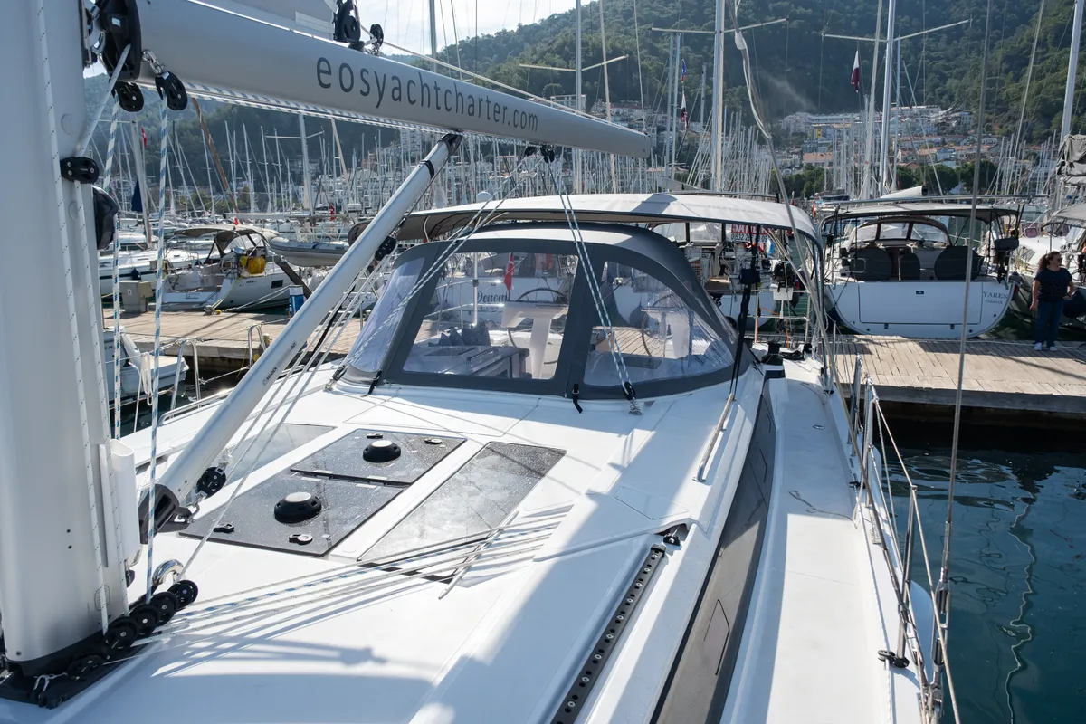 Deck of Iris, a Bavaria C46 sailboat at Fethiye, Turkey