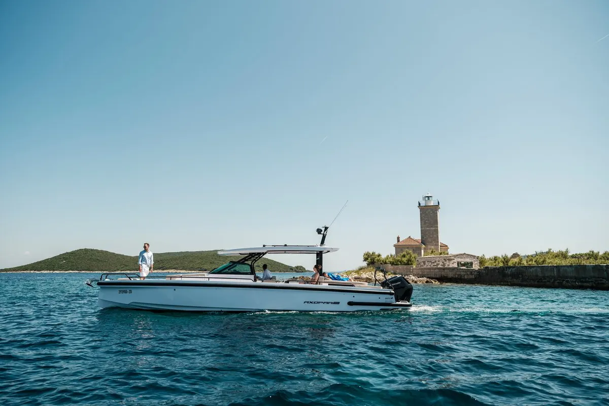 Exterior view of Axopar 37, a Axopar 37 Sun Top motorboat at Zaton, Croatia