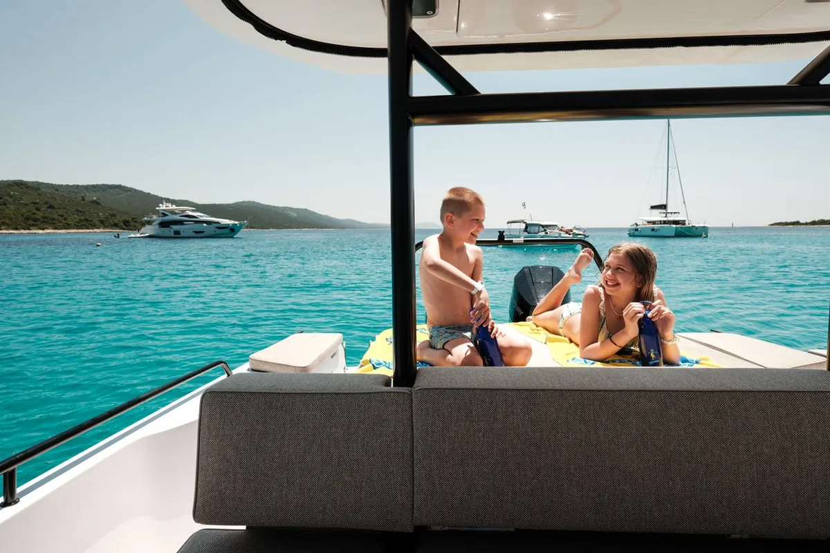 Deck of Axopar 37, a Axopar 37 Sun Top motorboat at Zaton, Croatia