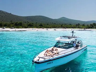 Exterior view of Axopar 37, a Axopar 37 Sun Top motorboat at Zaton, Croatia