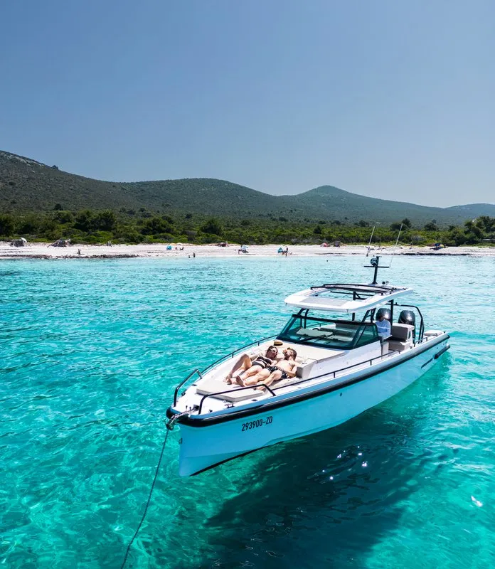 Exterior view of Axopar 37, a Axopar 37 Sun Top motorboat at Zaton, Croatia