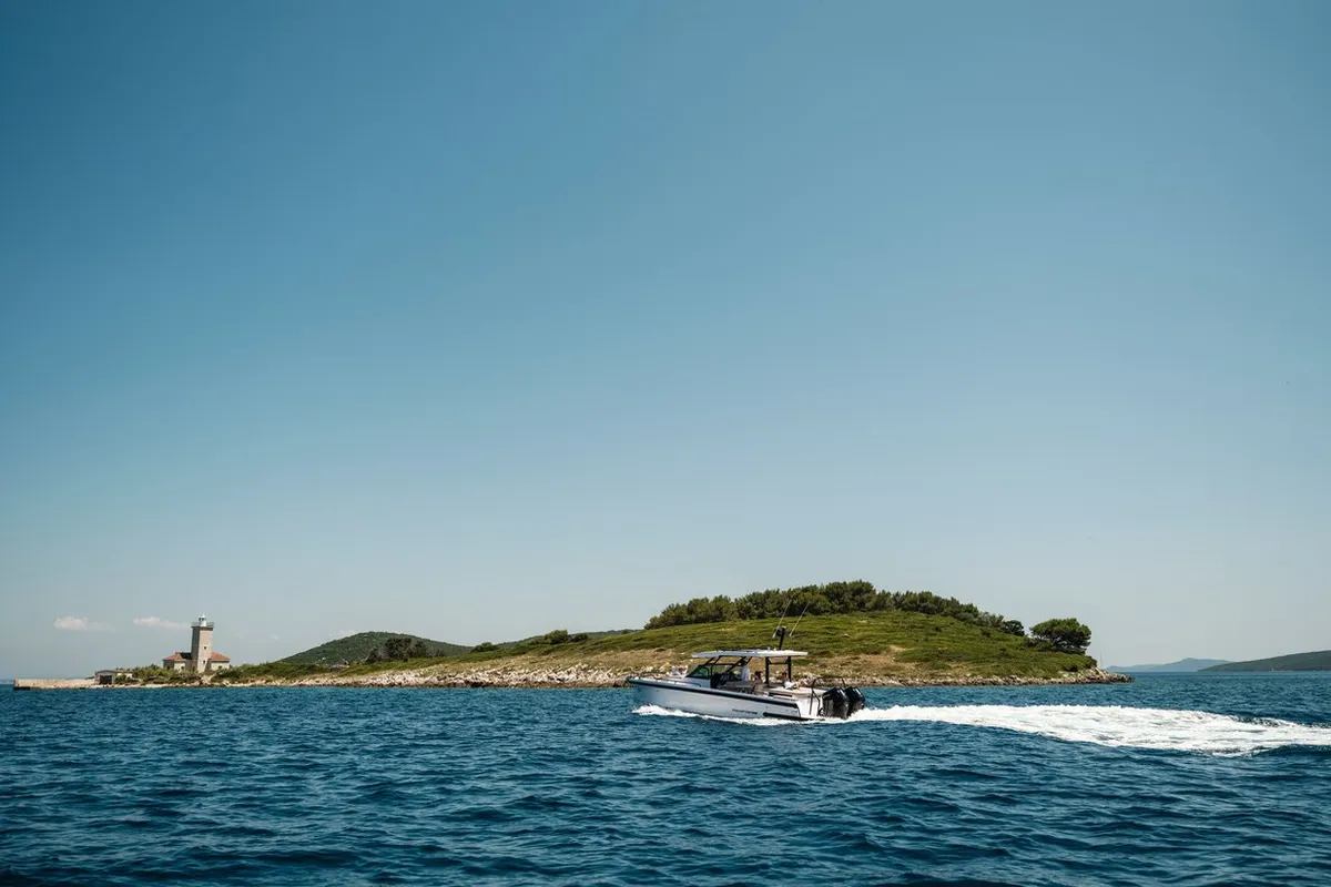 Exterior view of Axopar 37, a Axopar 37 Sun Top motorboat at Zaton, Croatia