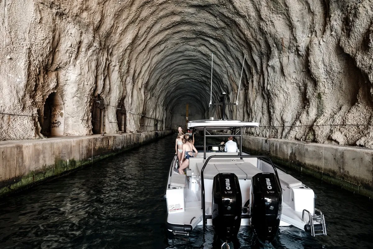 Exterior view of Axopar 37, a Axopar 37 Sun Top motorboat at Zaton, Croatia