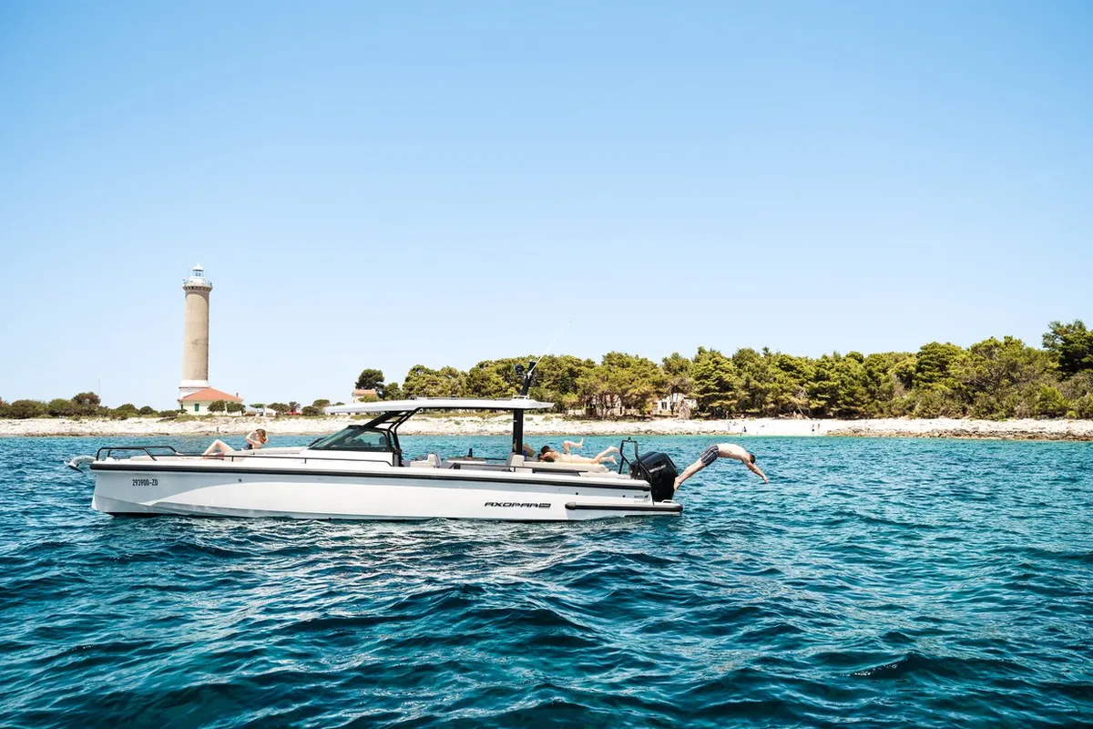 Exterior view of Axopar 37, a Axopar 37 Sun Top motorboat at Zaton, Croatia