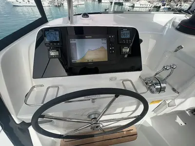 Cockpit of Capovento, a Lagoon 42 catamaran at Capo d'Orlando, Italy