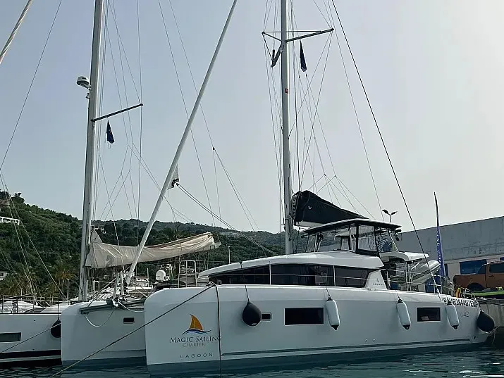 Exterior view of Capovento, a Lagoon 42 catamaran at Capo d'Orlando, Italy