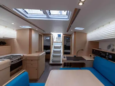 Salon of MAMIWATA II, a Jeanneau Sun Odyssey 519 sailboat at Santa Maria di Leuca, Italy
