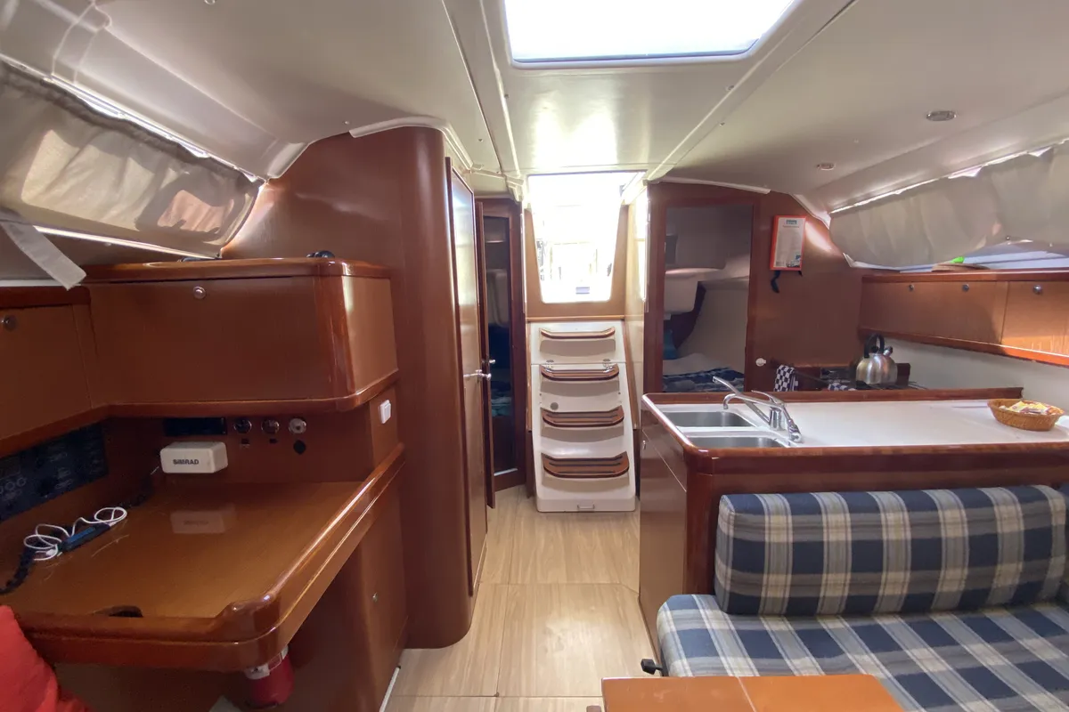 Salon of Glen Rosa, a Beneteau Oceanis 37 sailboat at Fethiye, Turkey
